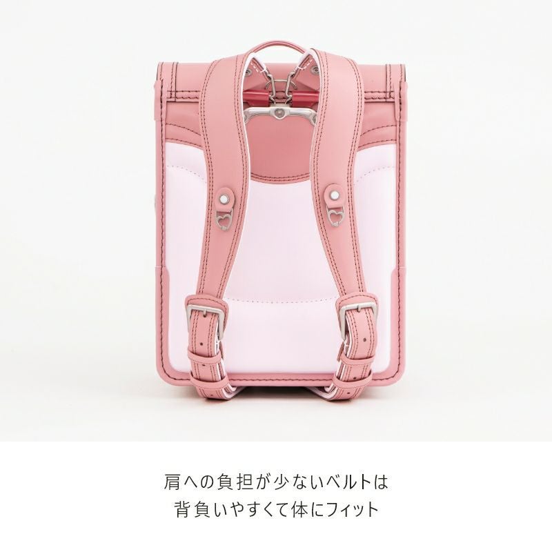 【2027年ご入学向け】ラフィーネ（牛革）ローズピンク　肩への負担が少ないベルトは背負いやすくて体にフィット